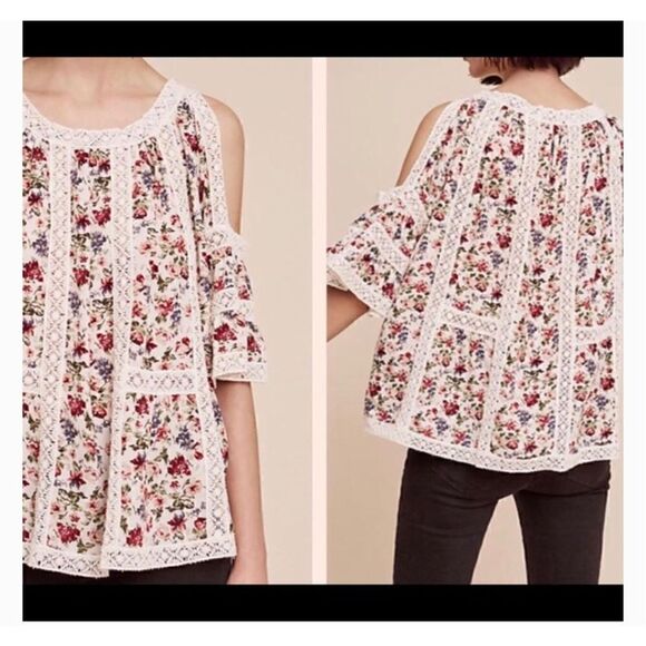 Blue tassel blouse from Anthropologie size small lace cold shoulder - Picture 2 of 8